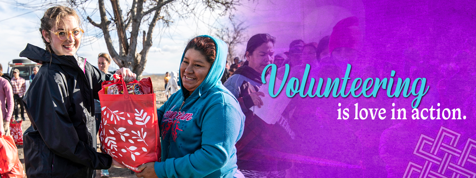 Overlaid graphical image two people on the left of the image in long sleeves holding red grocery bag. Right side overlaid with purple and reads "Volunteering is love in action"